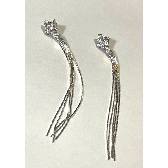 Adorable Dangle Rhinestone Earrings 3 Inch Drop Silver Color Strands Wedding - Picture 2 of 4
